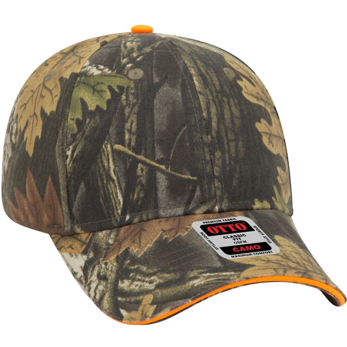 A camo 6 panel low profile baseball cap featuring a woodland camouflage pattern with orange accents and a logo.