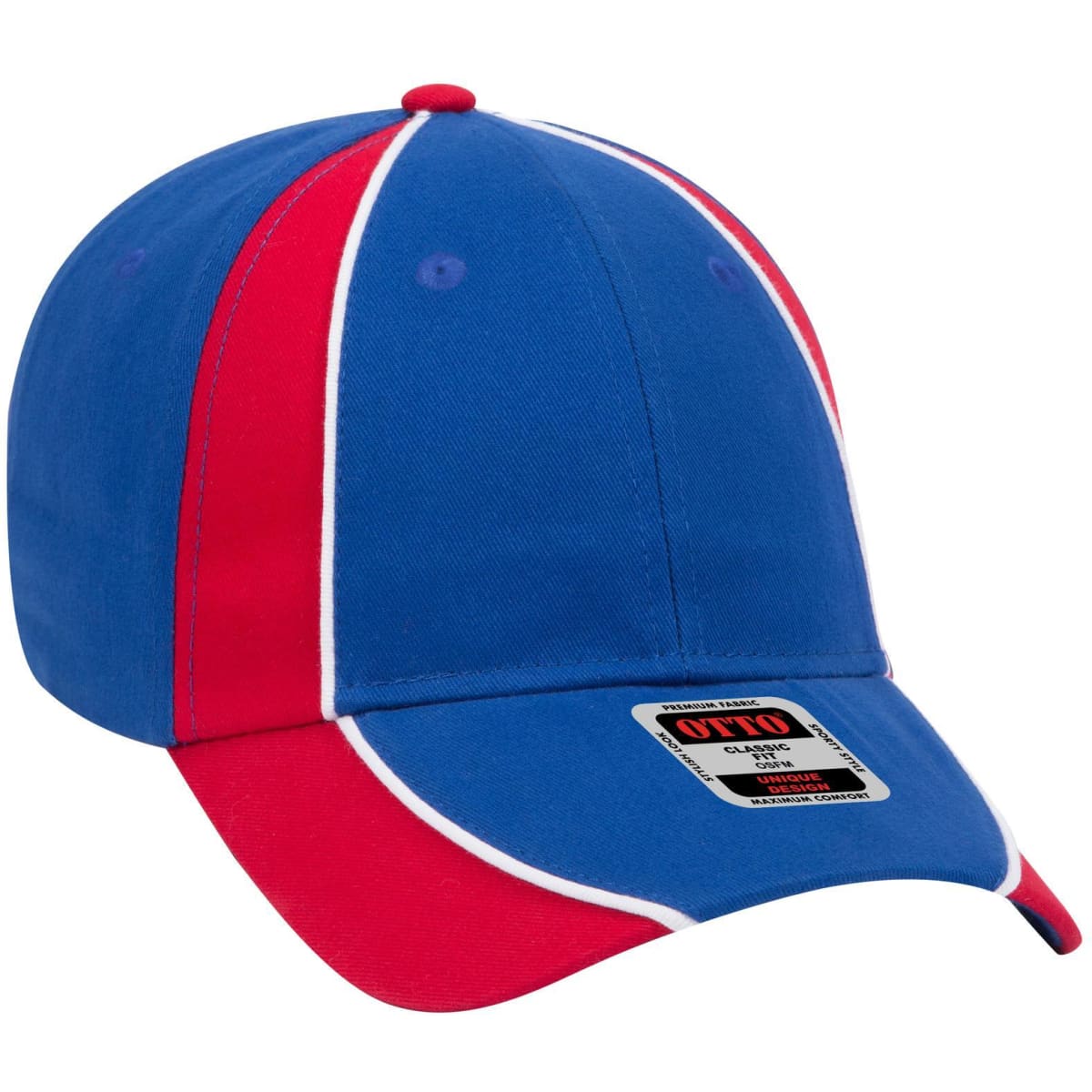 A blue and red 6 panel low profile baseball cap featuring a logo.