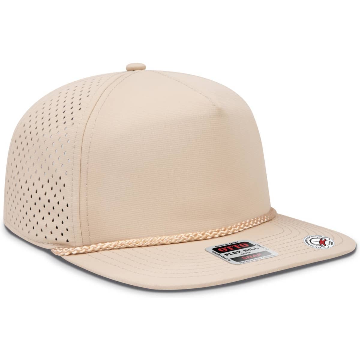 A beige 5 Panel Pro Style Snapback Hat with a textured crown and a braided detail on the brim.
