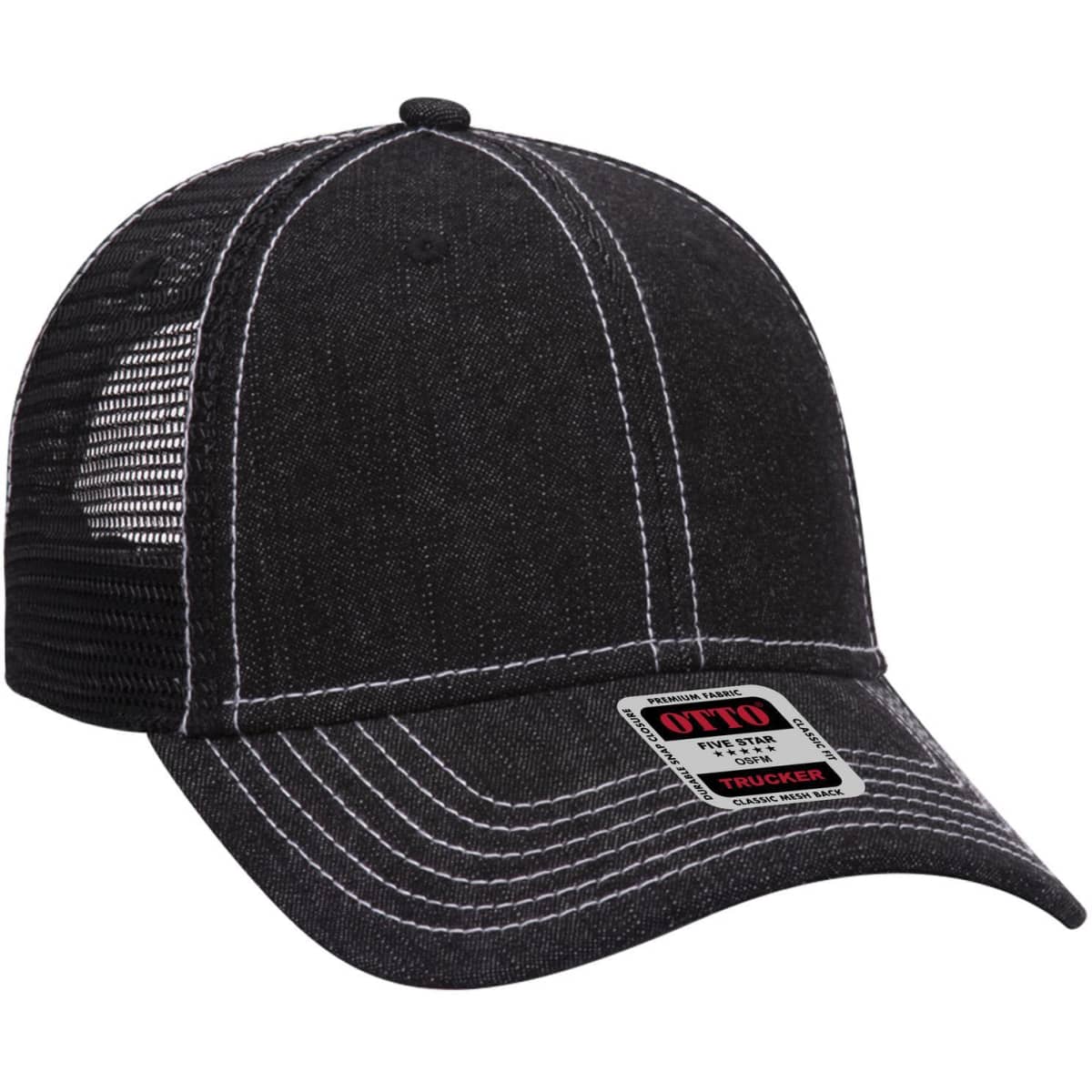 A black denim trucker cap with a low profile design, featuring mesh sides and a branding logo.