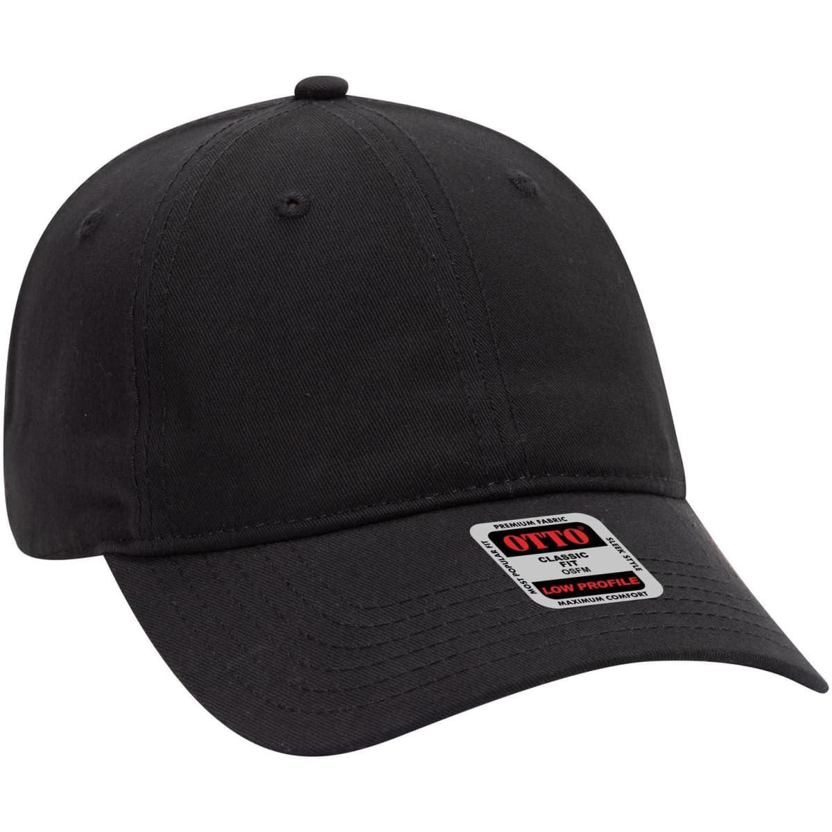 A black six-panel low profile baseball cap with a branded label on the front.
