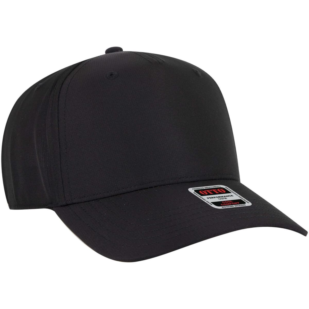 A black 5 panel mid profile baseball cap featuring a logo on the side and a curved brim.