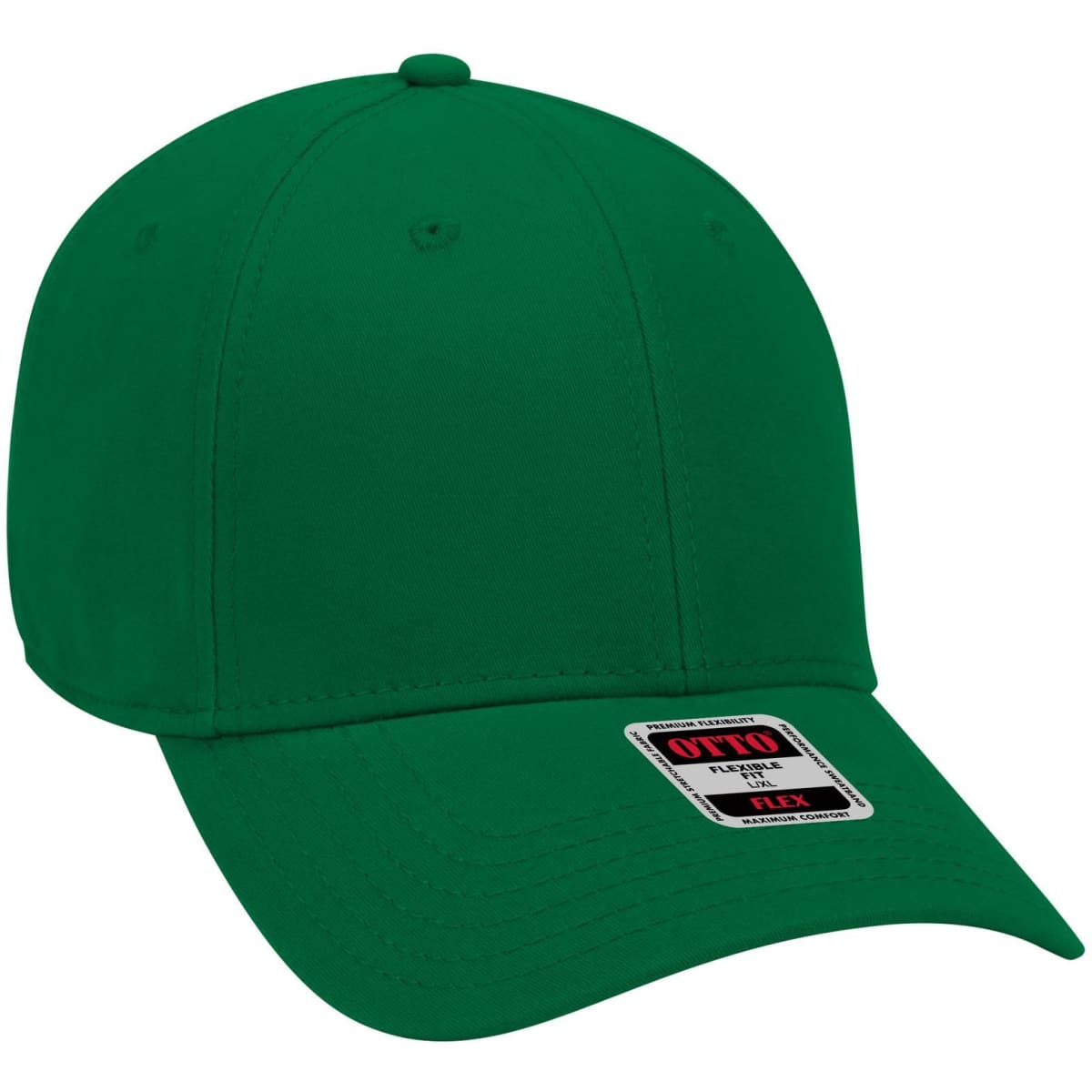 A green 6 panel low profile baseball cap with a logo on the front.