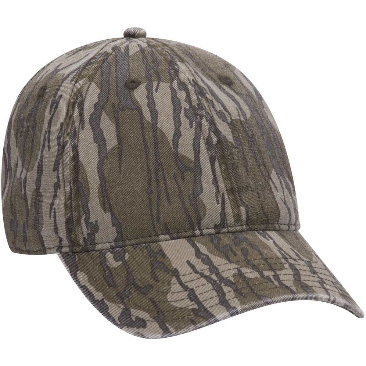 A camouflaged six-panel low profile baseball cap in shades of green and brown, featuring a logo.