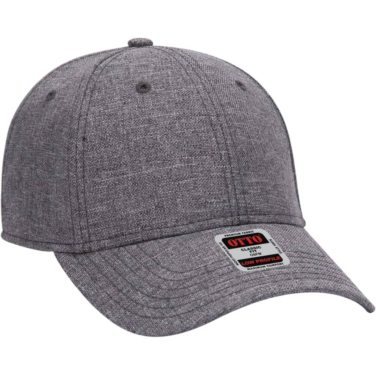 A grey 6 panel low profile baseball cap with a branding logo on the side.