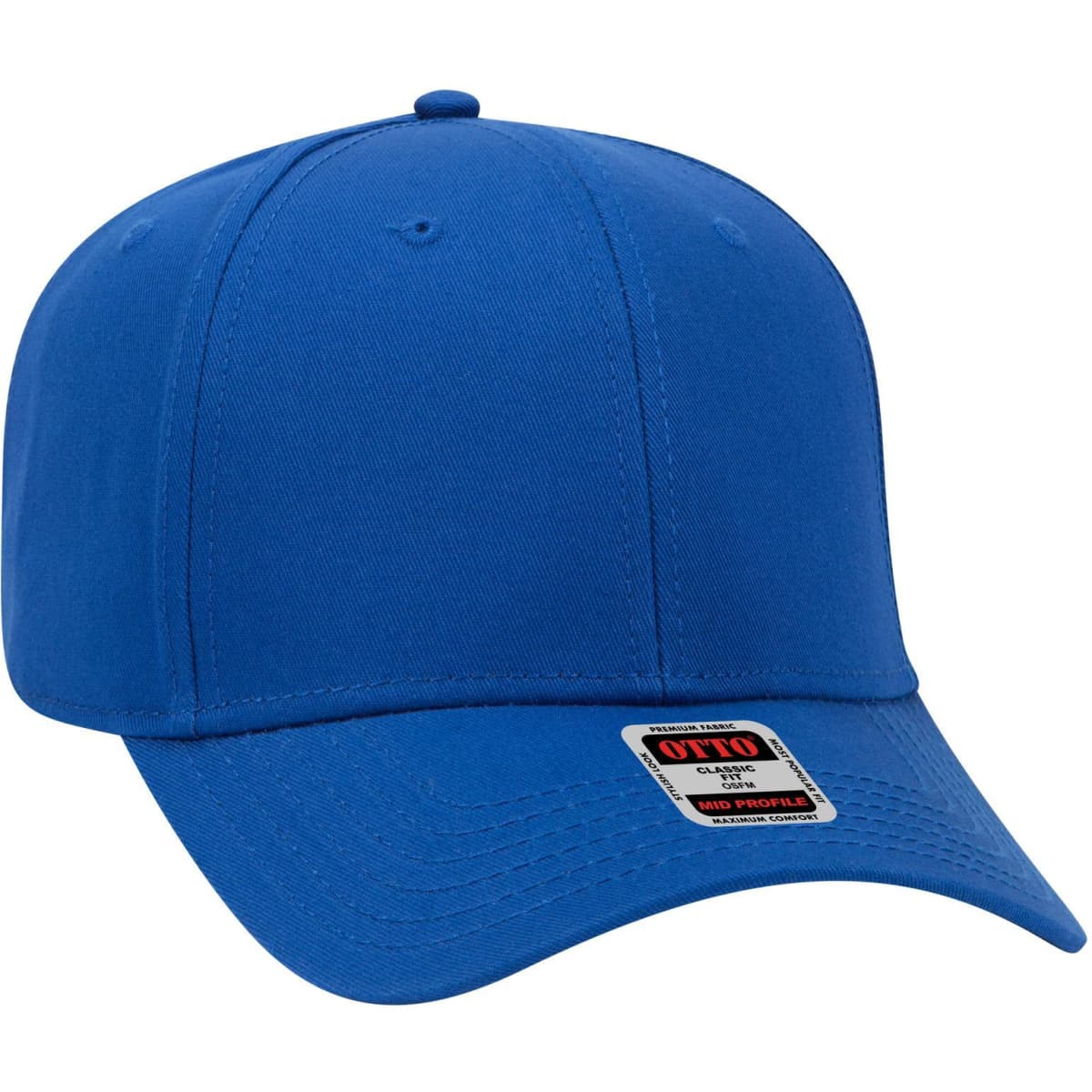 A blue 6 panel mid profile baseball cap with a logo on the side.