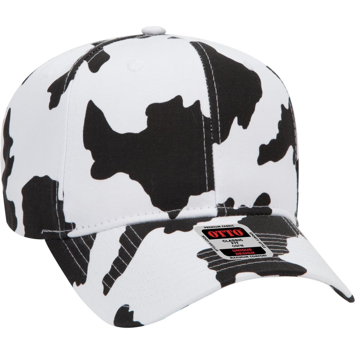 A black and white cow print 6-panel mid-profile baseball cap with a logo on the front.