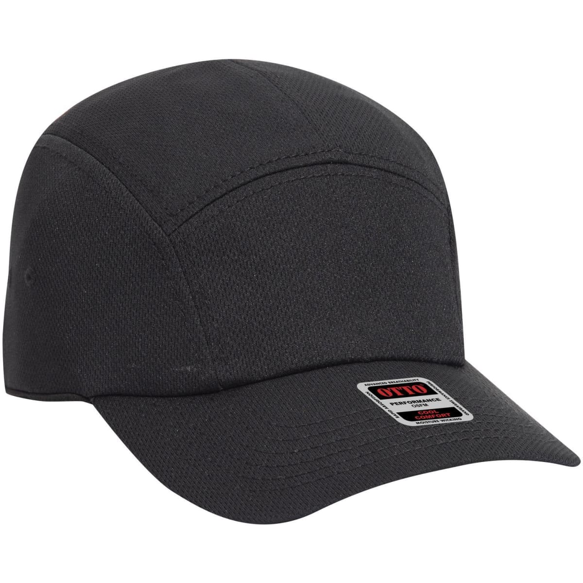 A black 5 panel running cap with a structured brim, featuring a logo on the front.