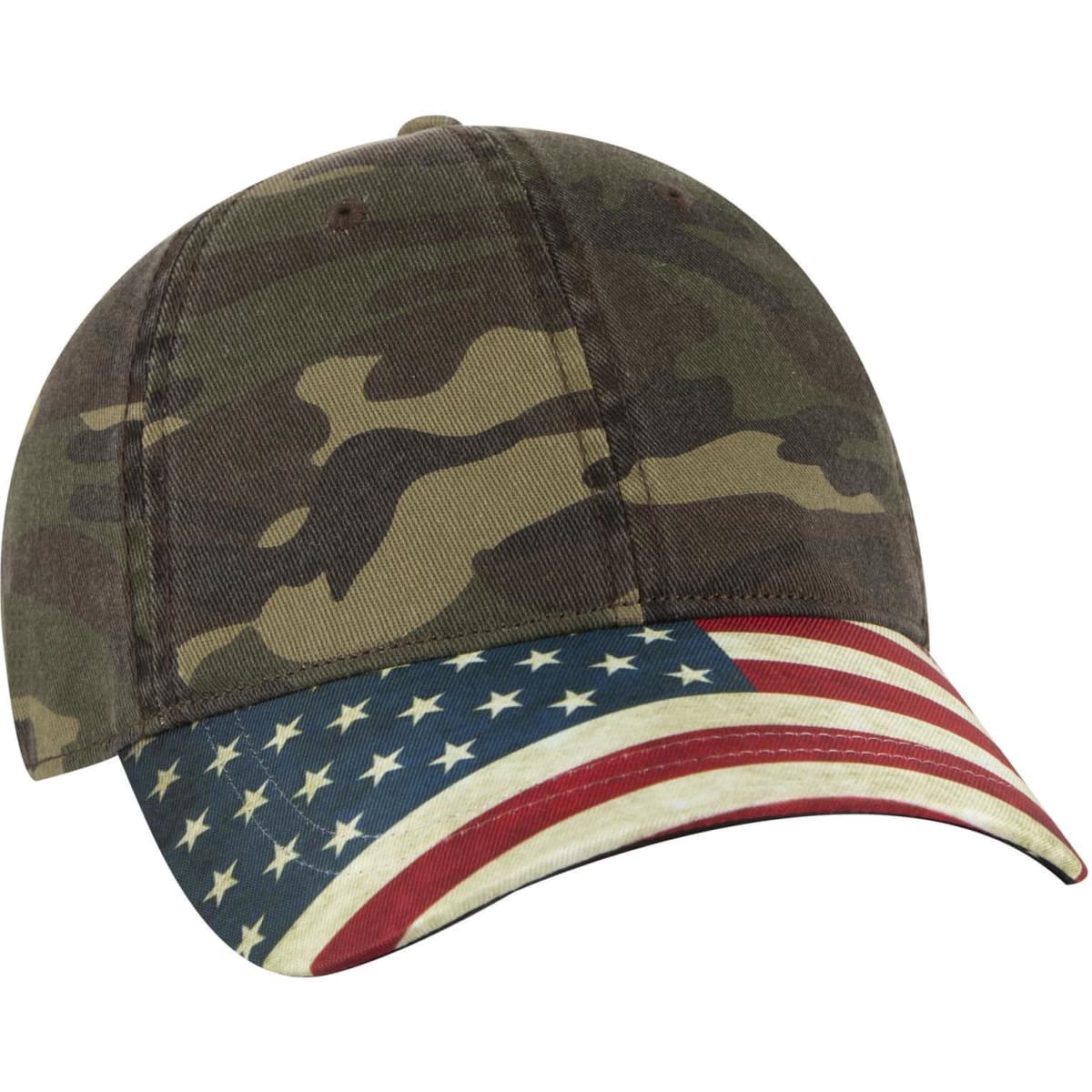A camouflage baseball cap with a low-profile design and a peak featuring a flag print. It includes a logo.