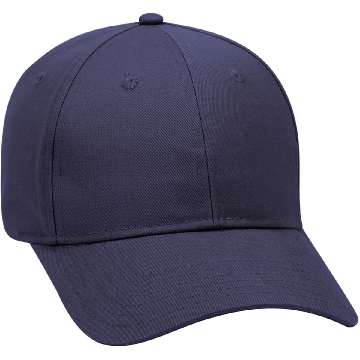 A navy blue 6-panel low profile baseball cap with a structured design and a logo on the front.