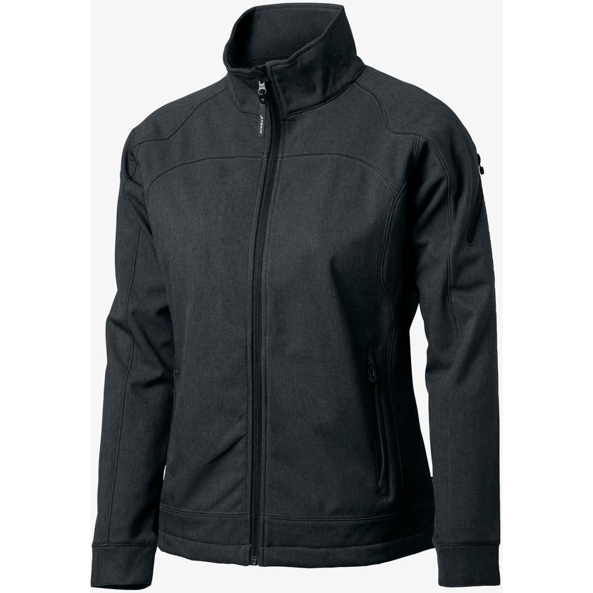 A black soft shell jacket with a high collar and zip closure, featuring side pockets and a logo.