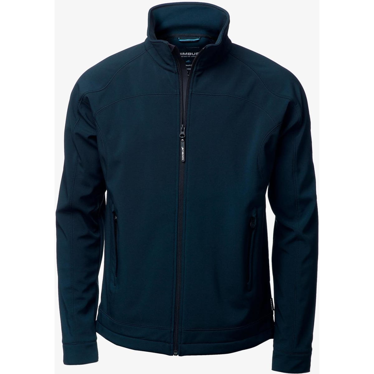 A navy soft shell jacket with a high collar and zipped pockets, featuring a logo on the chest.
