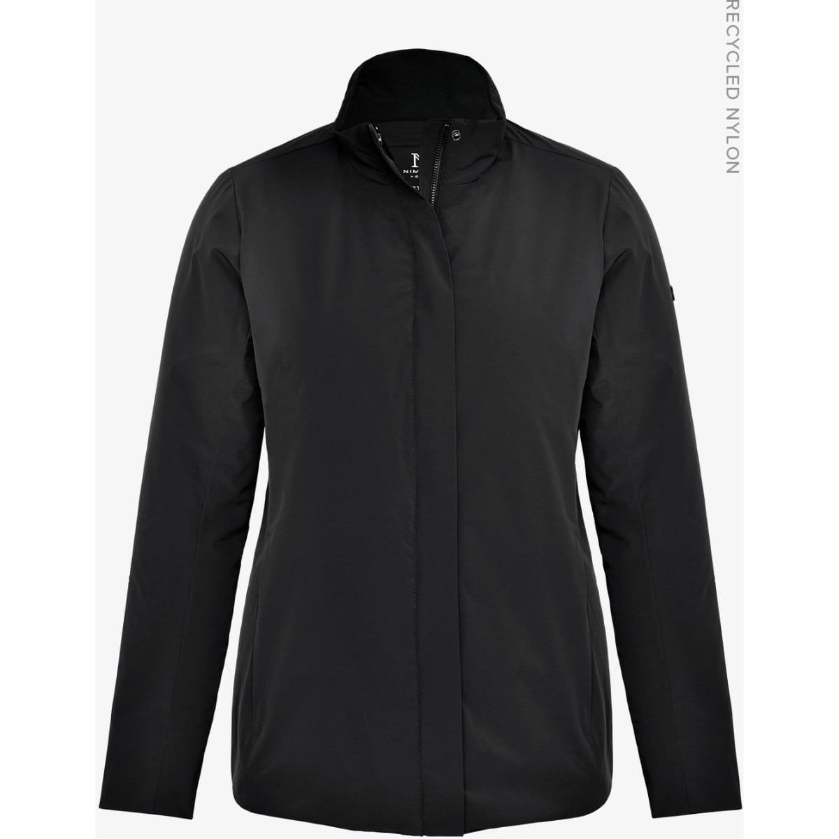 A women's jacket in black made from recycled nylon, featuring a high collar and a simple design.