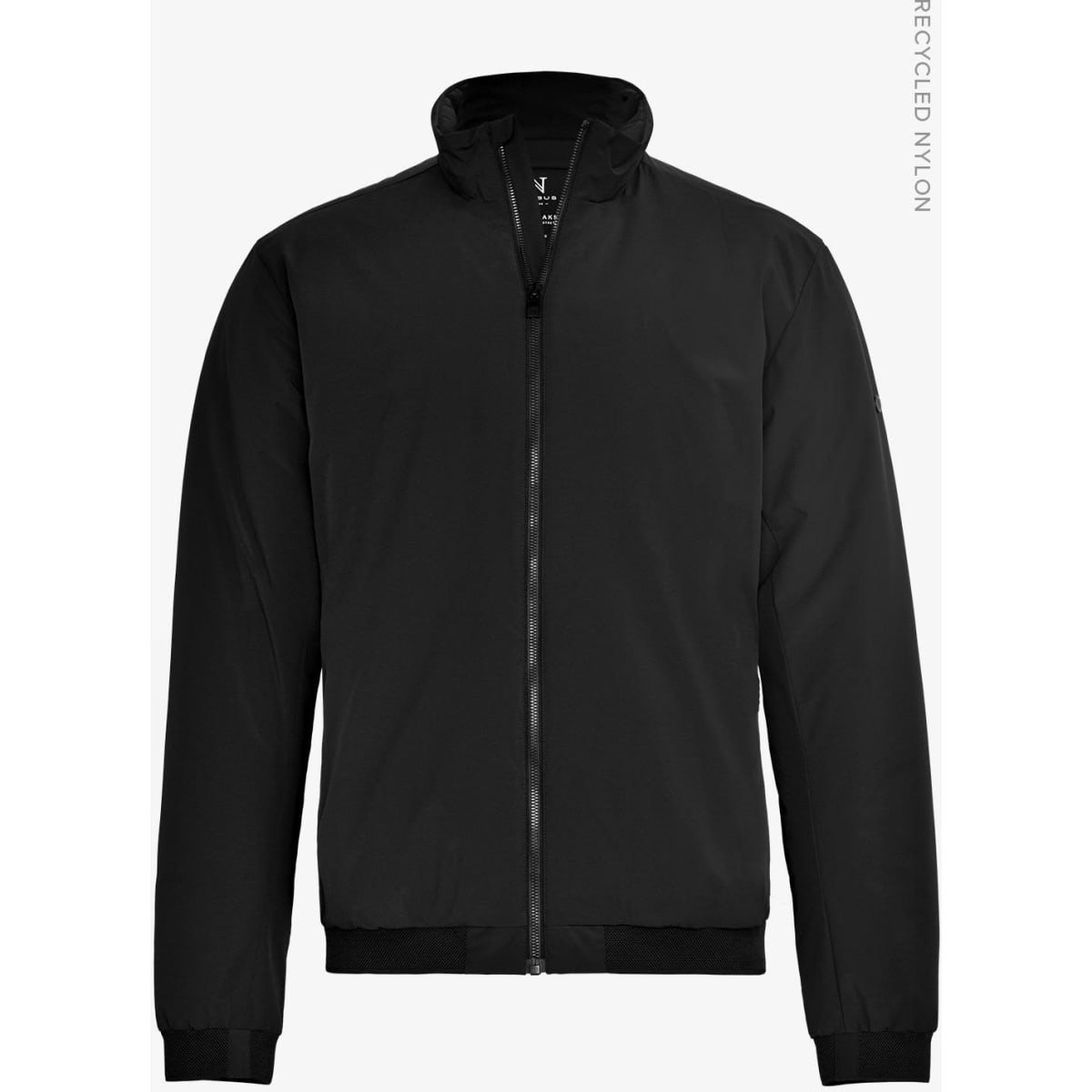 A black men's jacket featuring a zip front and a stand collar, made from recycled nylon. The jacket has a logo.