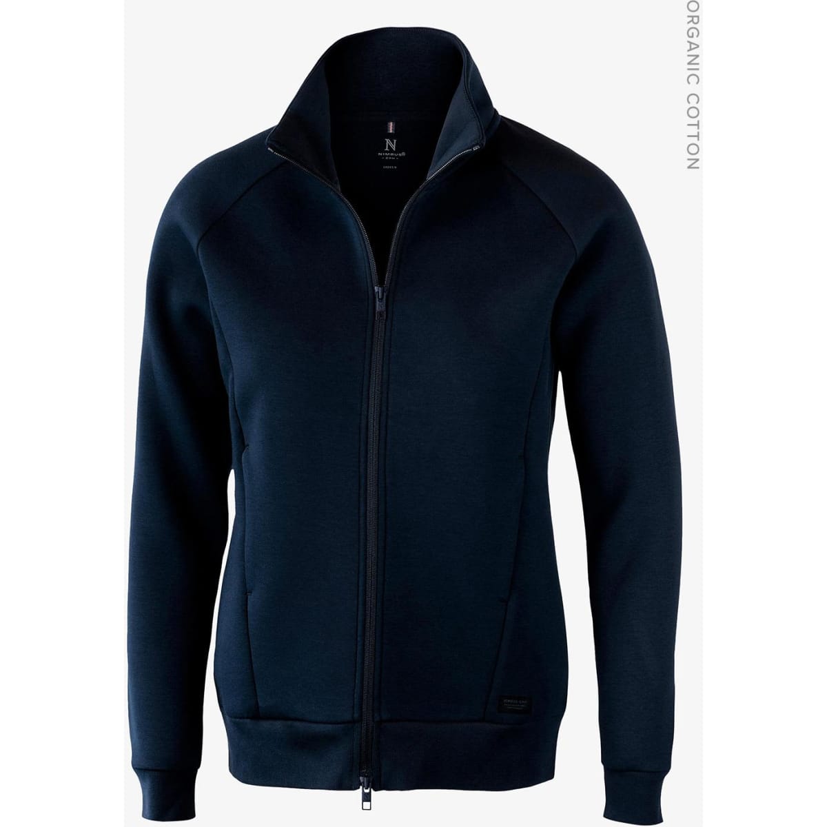 A navy jacket with a full zip and high collar, featuring a logo, made from organic cotton.