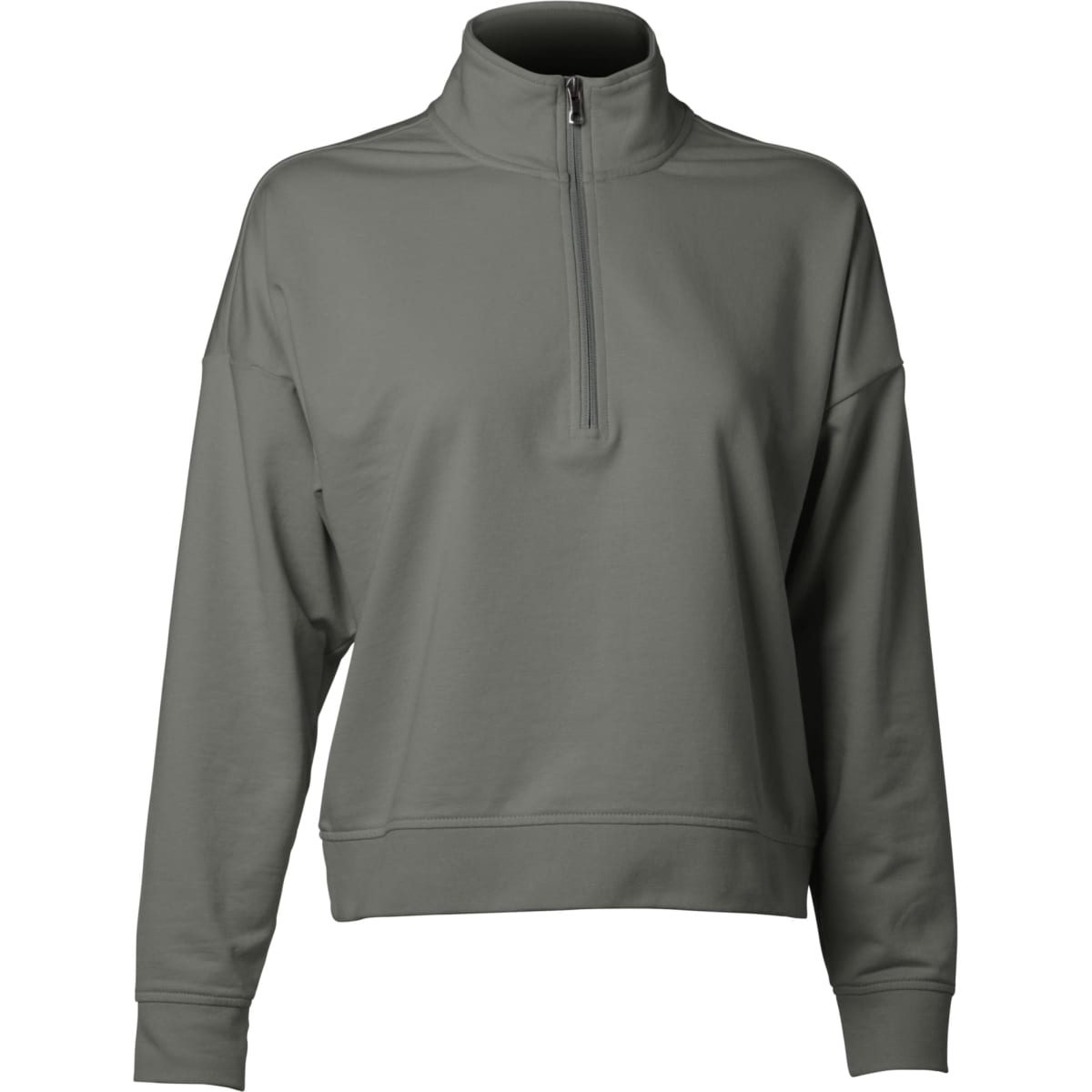 A women's quarter zip pullover in a muted grey colour with a high collar and long sleeves. Features a logo on the design.