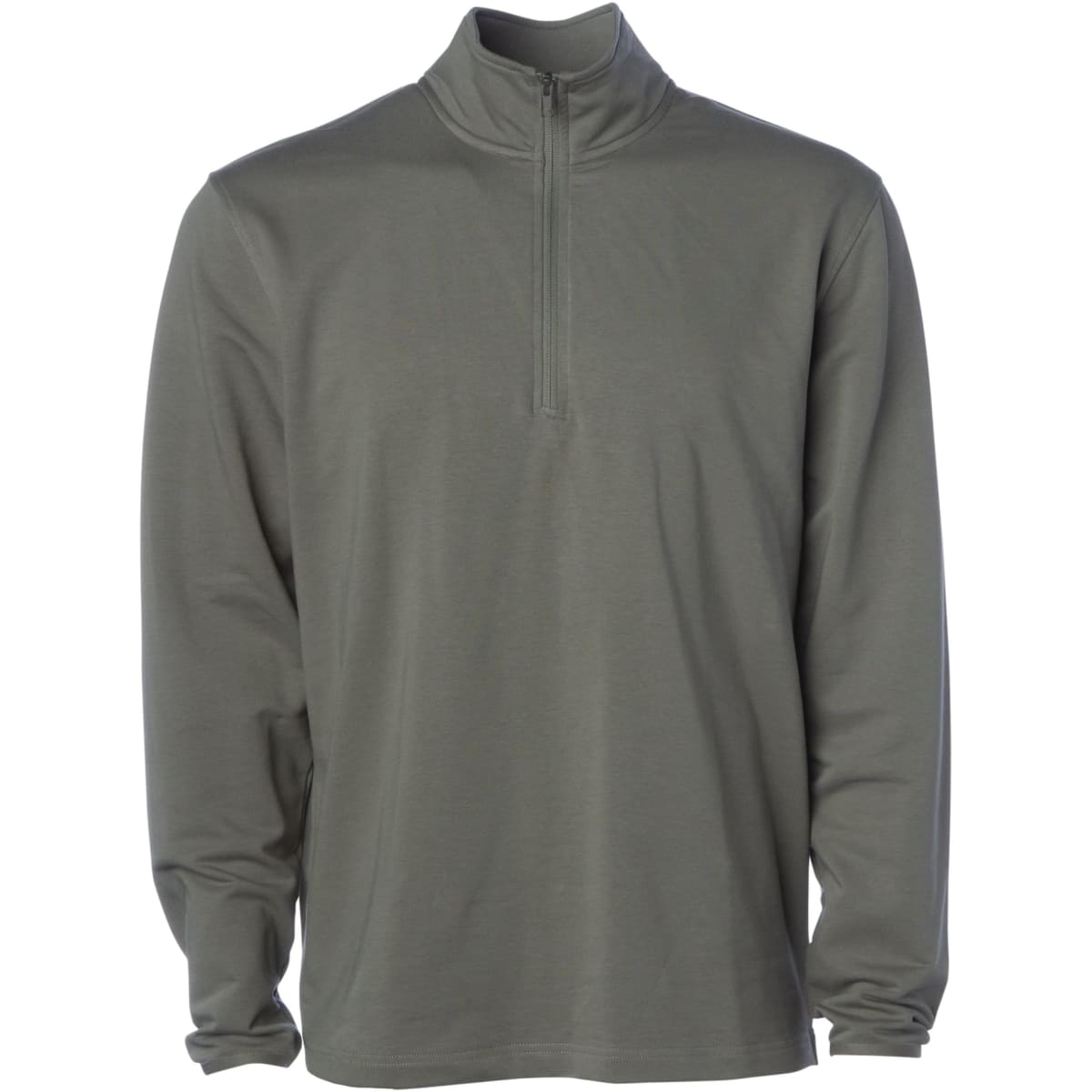 A lightweight quarter-zip long sleeve shirt in olive green, featuring a collar and a logo on the chest.