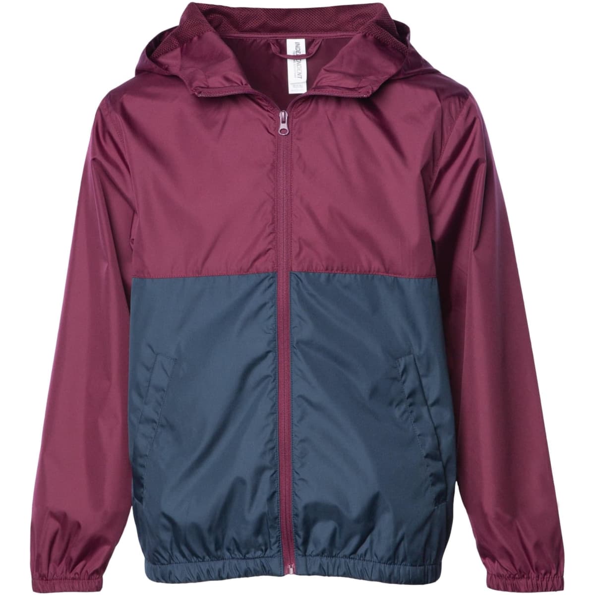 A maroon and navy lightweight windbreaker jacket with a hood and front zipper, featuring a logo.