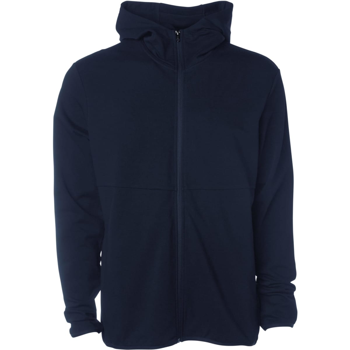 A navy zip-up hoodie with a hood and long sleeves, featuring a front zipper. It has a simple design with no visible logos.