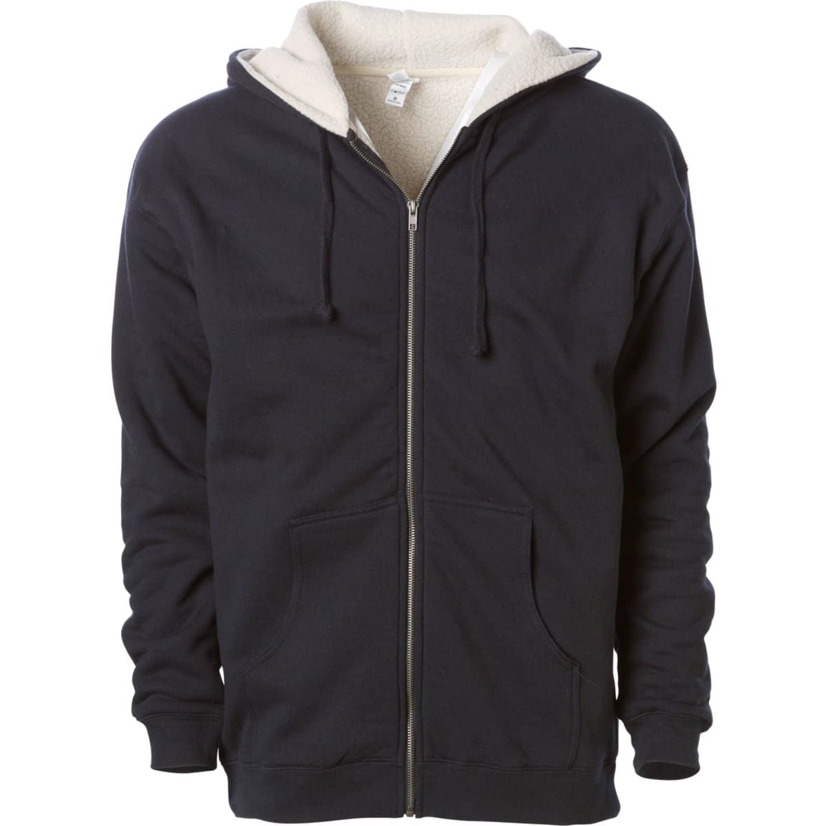 A navy men's hoodie with a sherpa lining, featuring a zip front and two front pockets. It has a logo on the label.