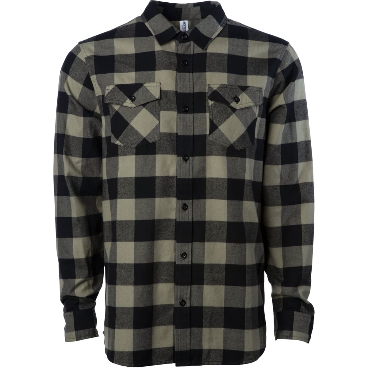 A men's flannel shirt in black and cream check pattern with chest pockets and button-up front.