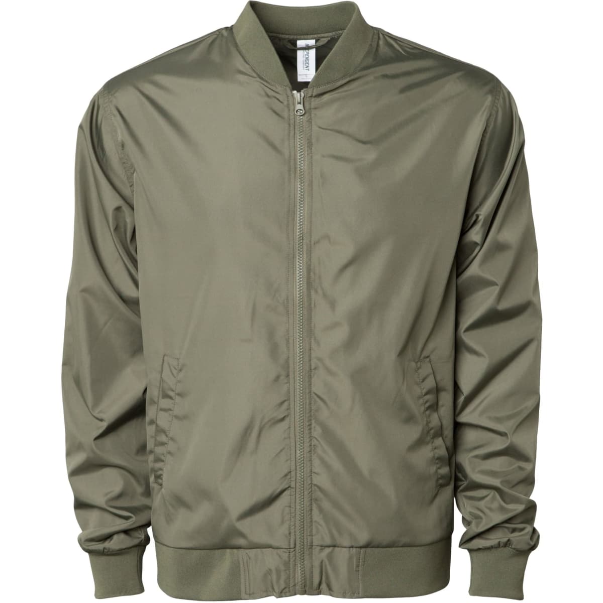 A lightweight bomber jacket in olive green with a front zip and side pockets, featuring a branding logo.