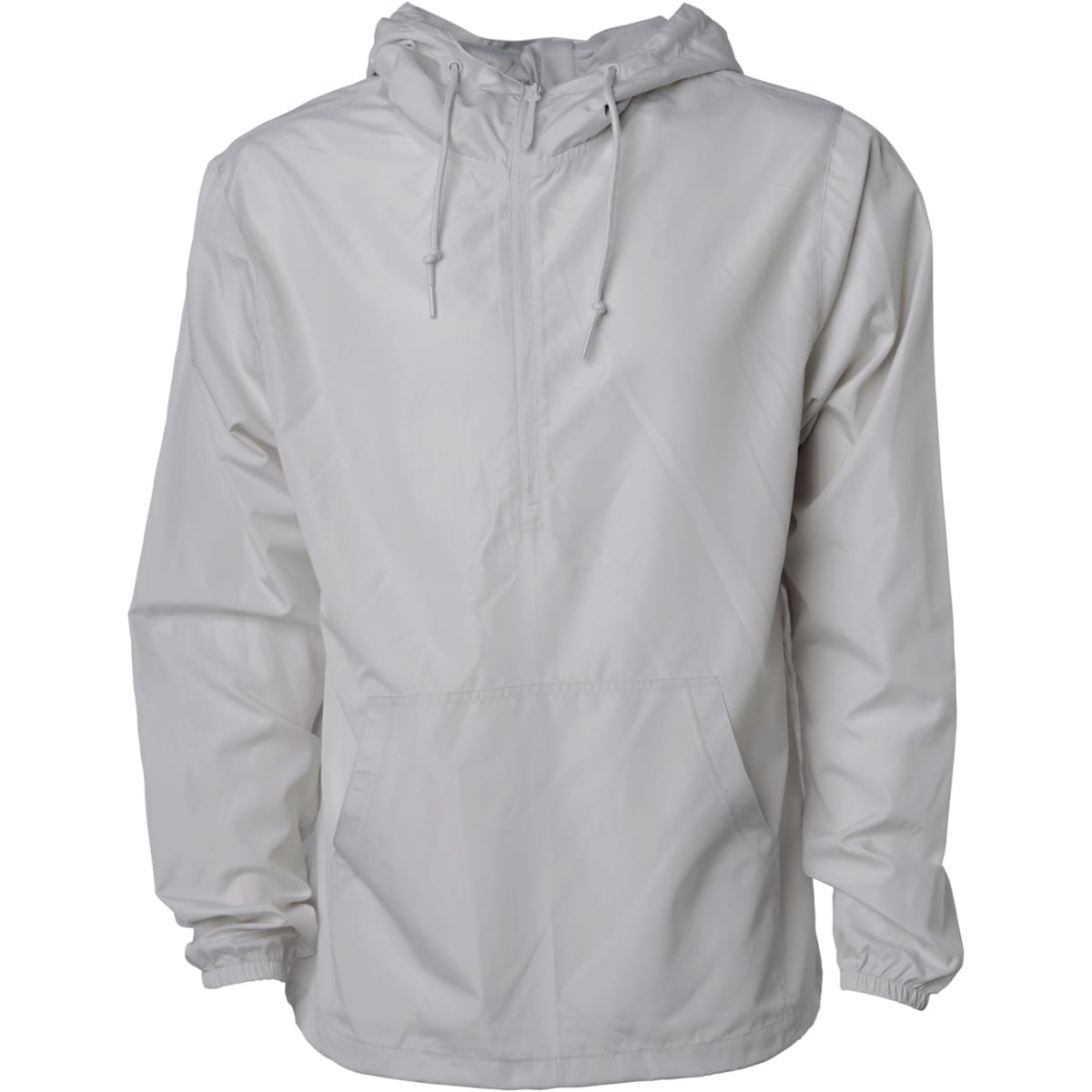 A lightweight white anorak windbreaker with a hood and front pouch pocket. Features elastic cuffs and a logo.
