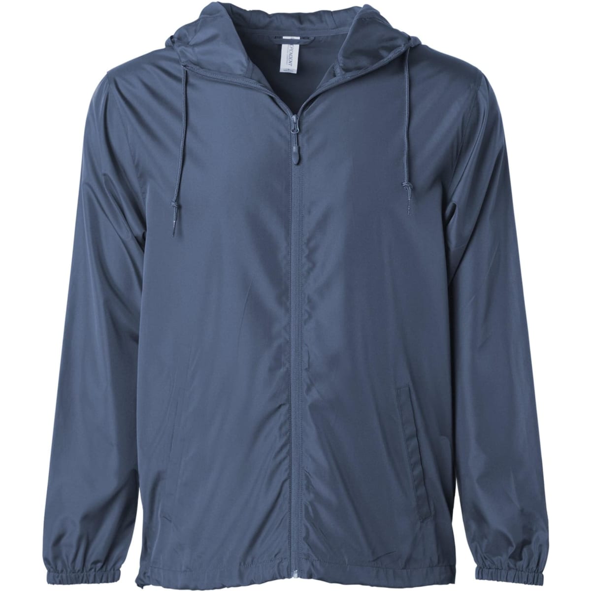 A men's lightweight windbreaker zip jacket in navy blue with a hood and drawstrings. Features a branding logo.