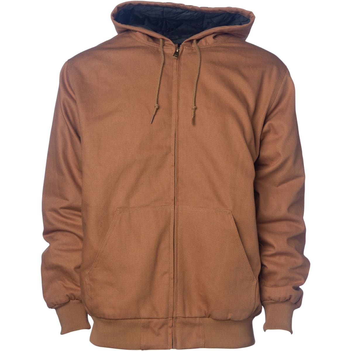 A brown Kodiak duck canvas work jacket with a hood and front pockets, featuring a quilted black lining.