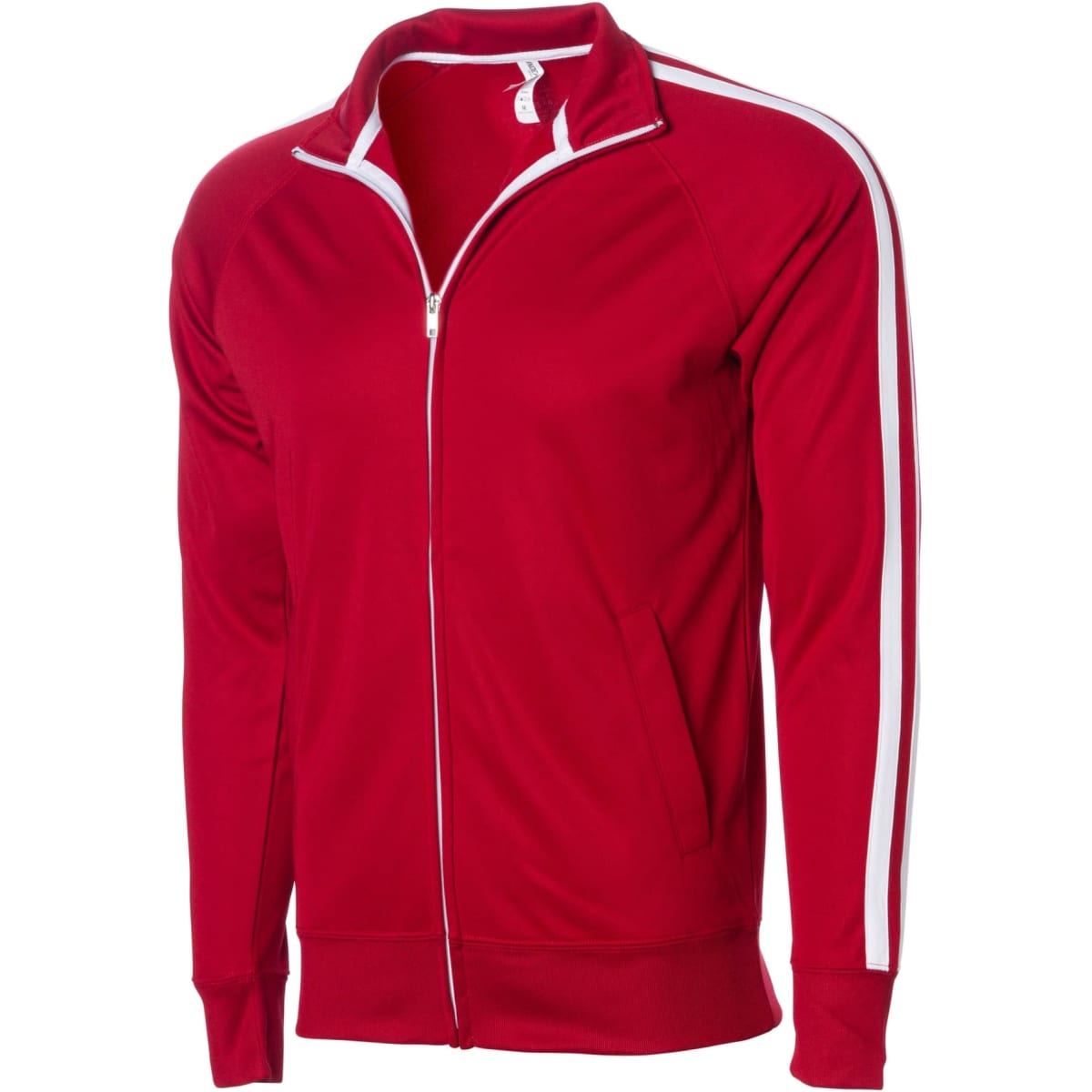 A red adult unisex poly zip track jacket featuring white stripes and a zipper front. It includes a logo on the chest.