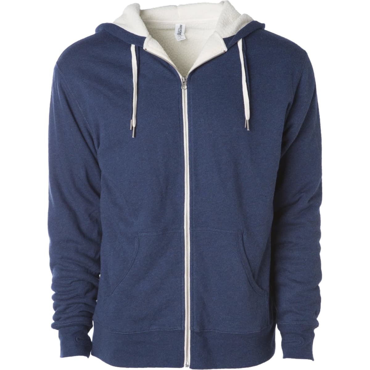 A unisex navy hoodie with a Sherpa lining and a zip front, featuring a light-coloured inner and a logo.