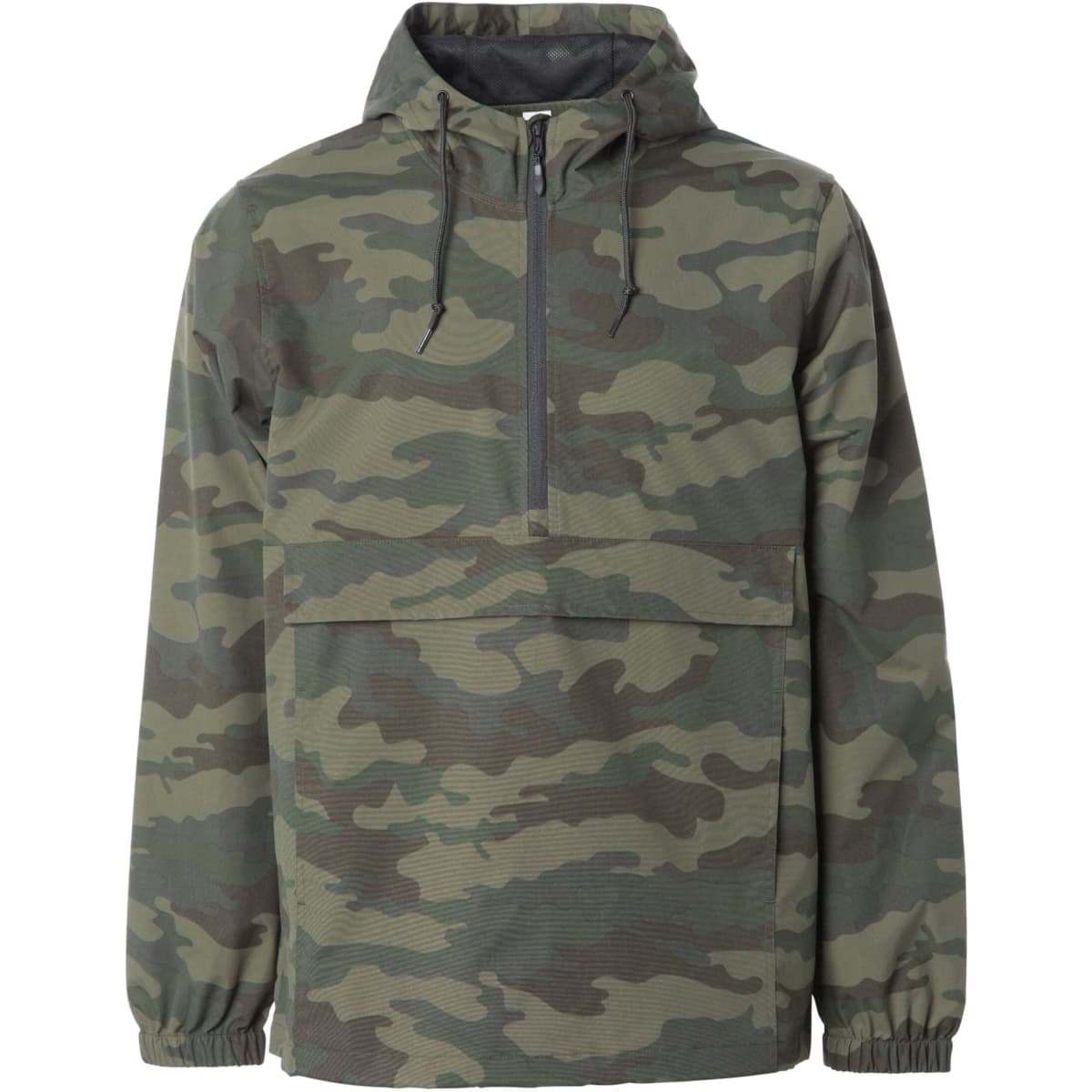A men's nylon anorak windbreaker jacket in camouflage pattern featuring a hood and a front pouch pocket.