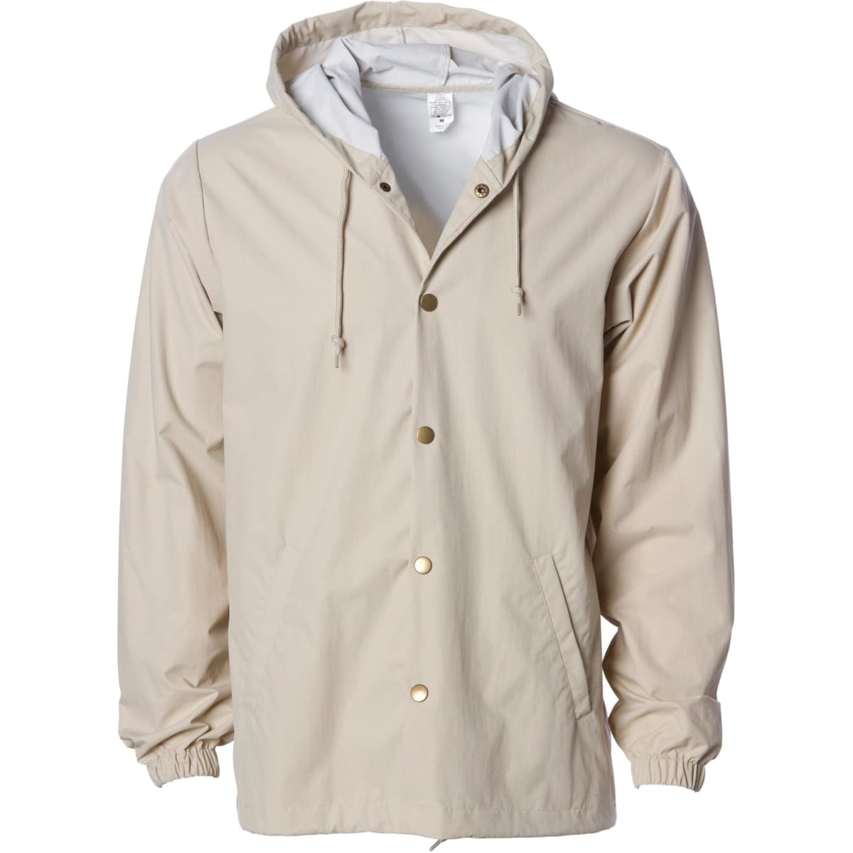 A mens nylon hooded windbreaker in beige with a grey interior, featuring a front button closure and pockets.