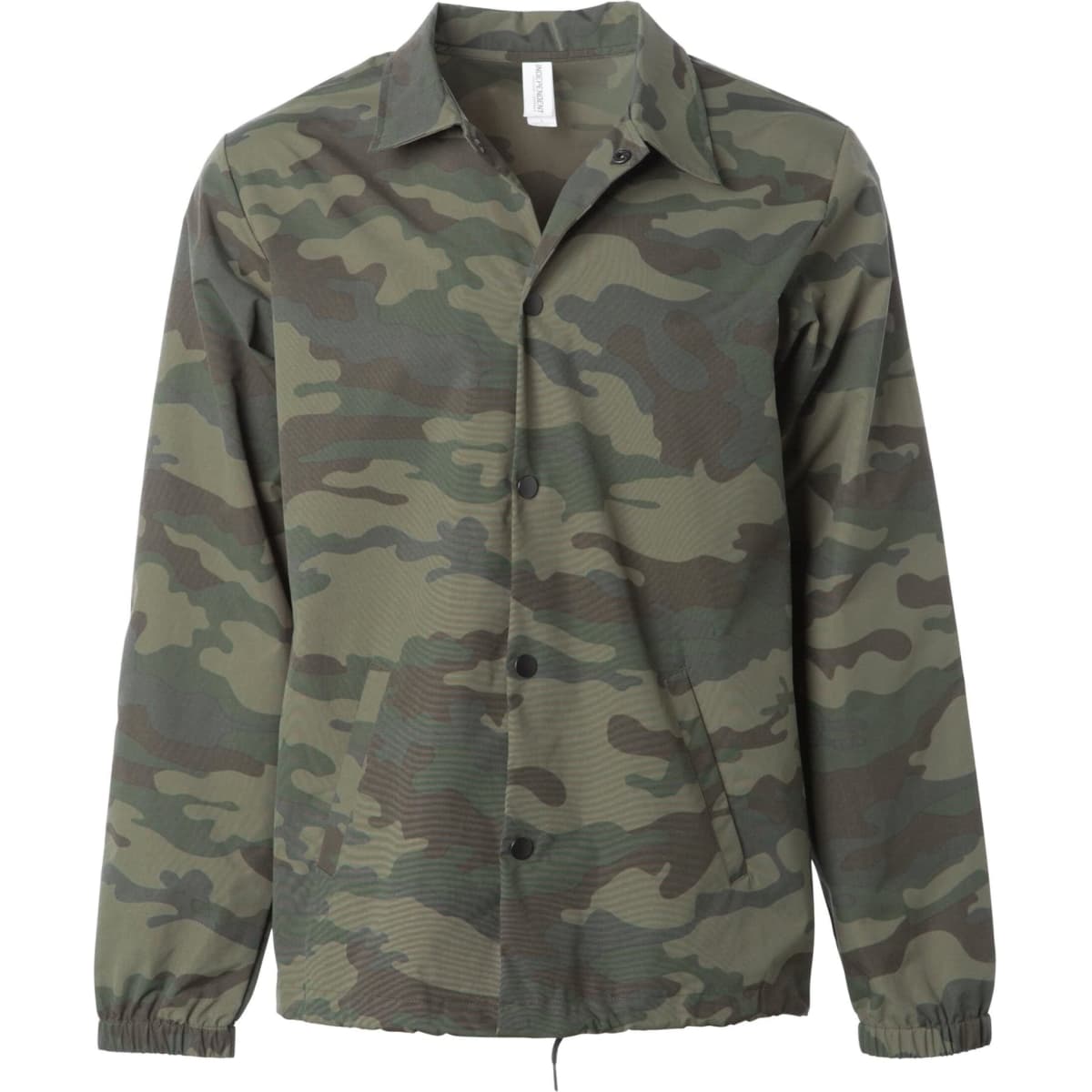 A men's nylon coaches jacket in a camouflage pattern featuring greens and browns, with a logo on the chest.