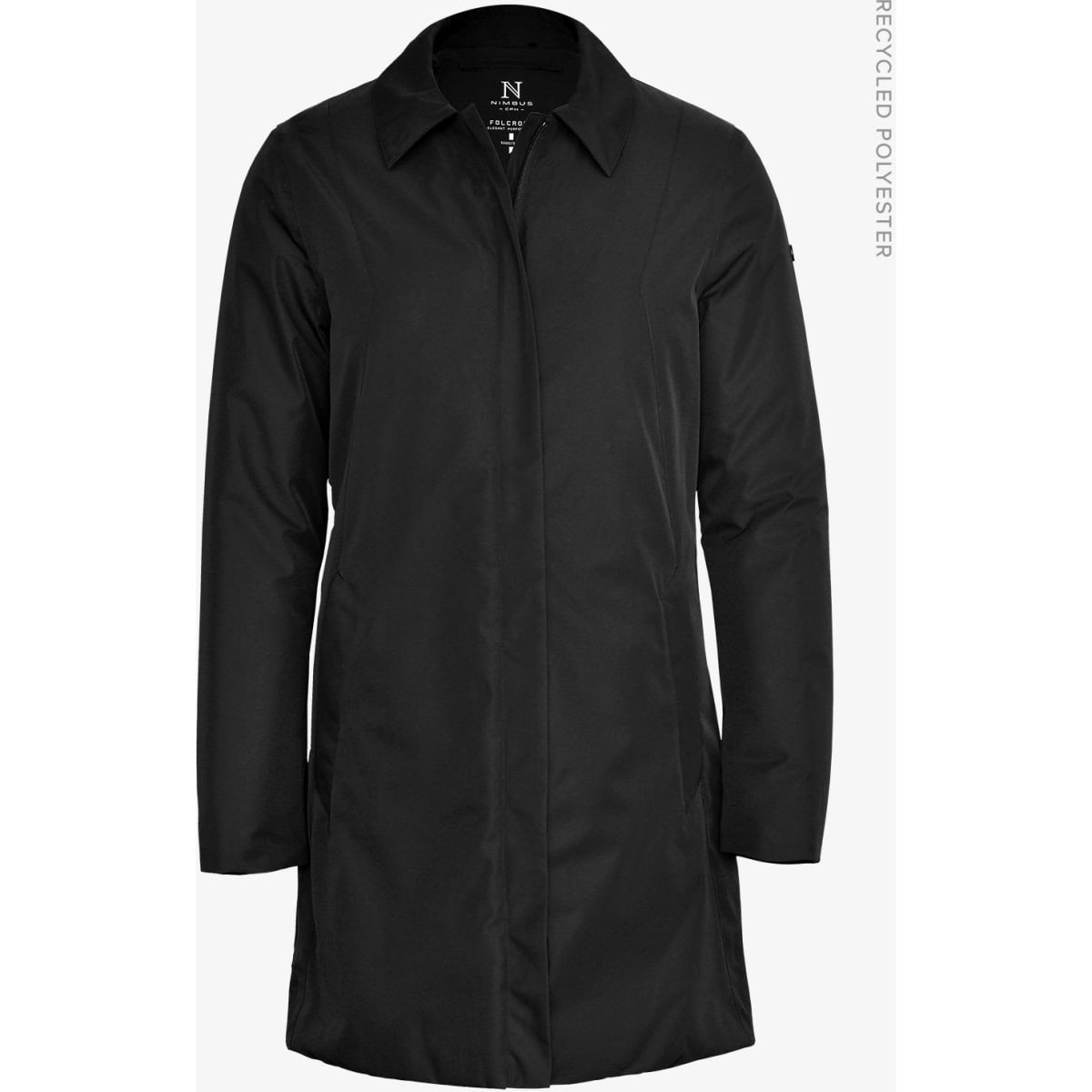 A black women's jacket with a collar and long sleeves, featuring a logo on the upper side.