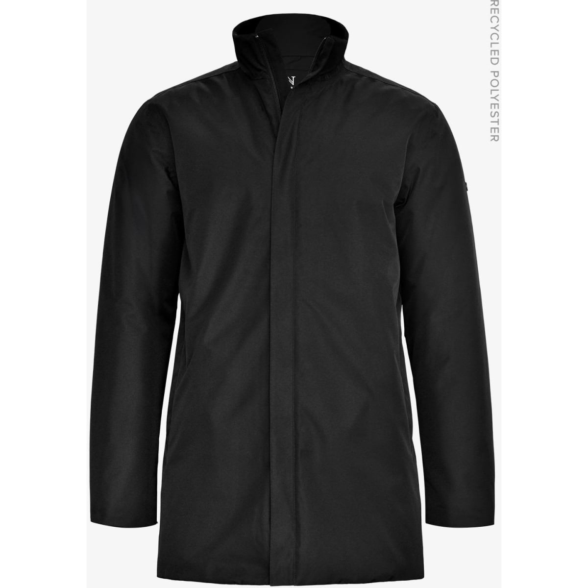 A black men's jacket with a high collar design, made from recycled polyester. It features a clean, modern silhouette.