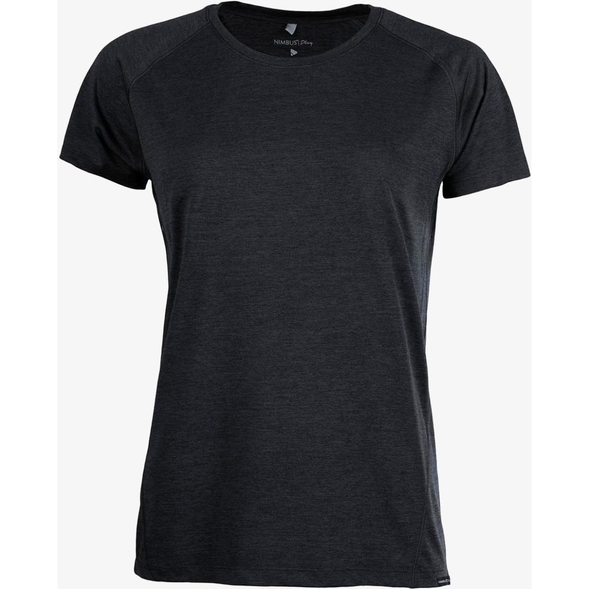 A black women’s T-shirt with a classic crew neckline and short sleeves, featuring a logo.