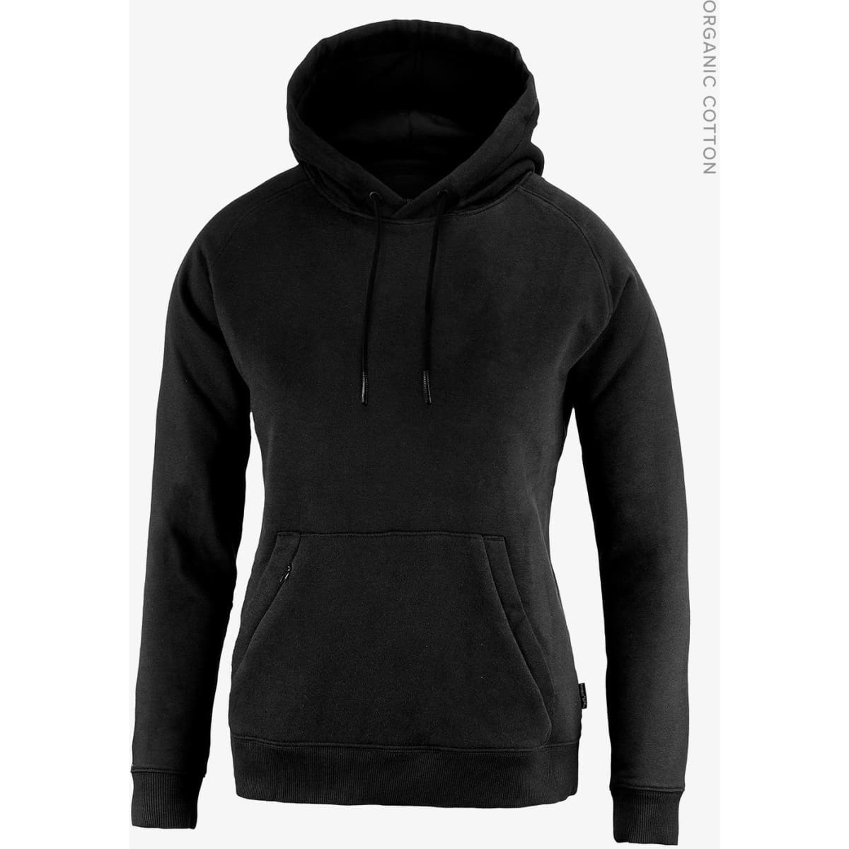 A black women's hoodie featuring a kangaroo pocket and a drawstring hood, made from organic cotton.