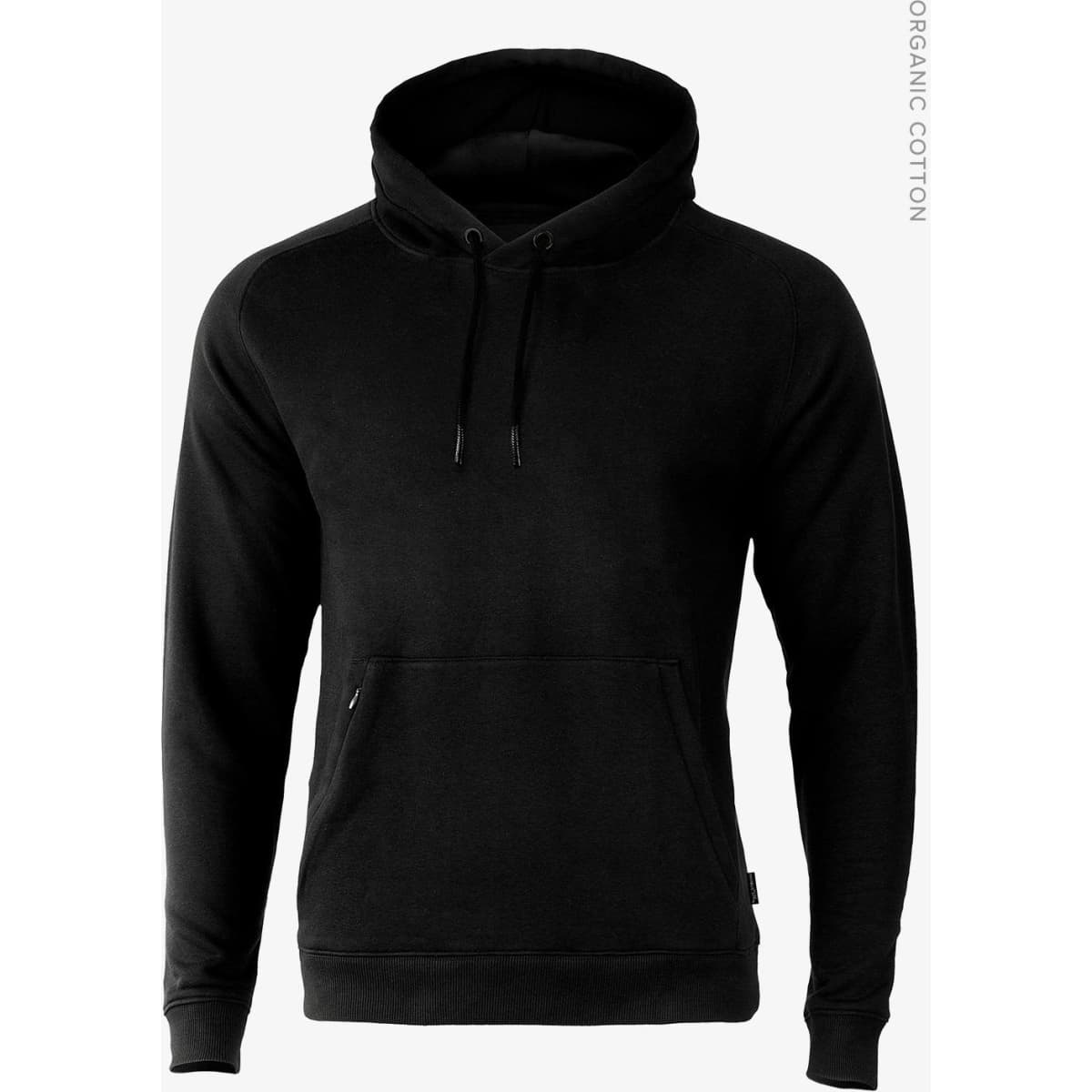 A black hoodie with a front pocket and a drawstring hood. It features a logo on the side.