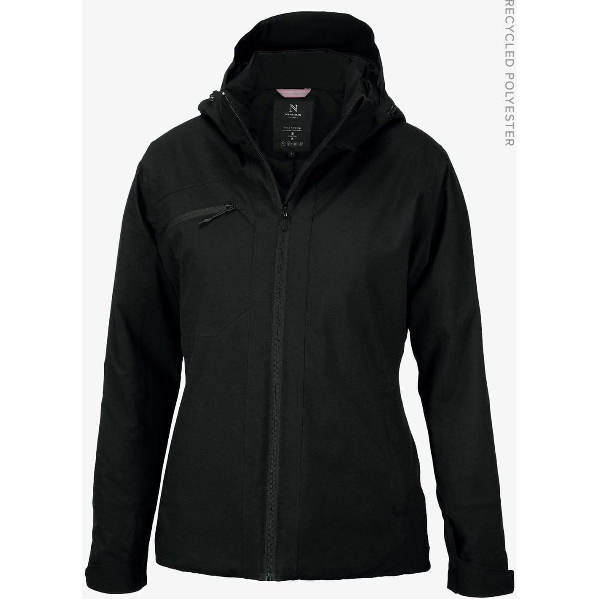 A black women's jacket with a hood, featuring a zip closure and a logo on the chest. Made from recycled polyester.