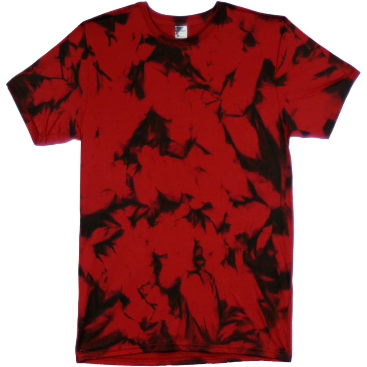A red tie-dye T-shirt with black swirling patterns, featuring a collar and short sleeves. It has a branding logo.