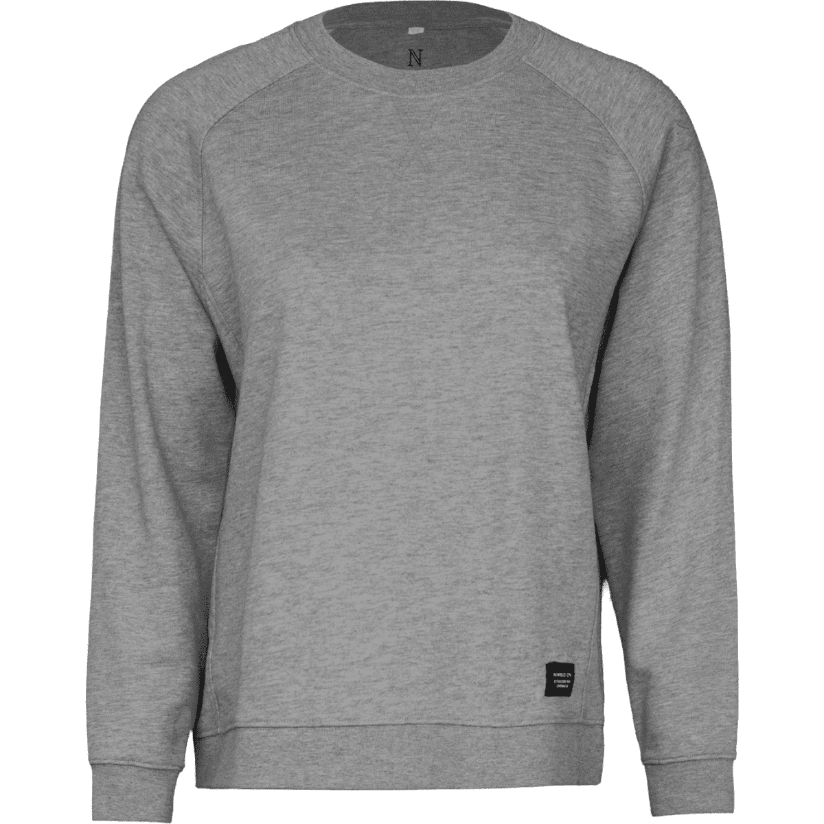 A grey sweatshirt with a relaxed fit, featuring contrasting sleeves and a small logo.