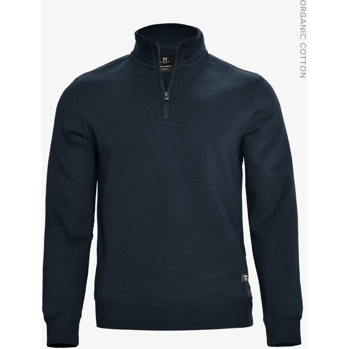 A navy unisex sweatshirt with a half zip and long sleeves, featuring a small logo on the lower side.