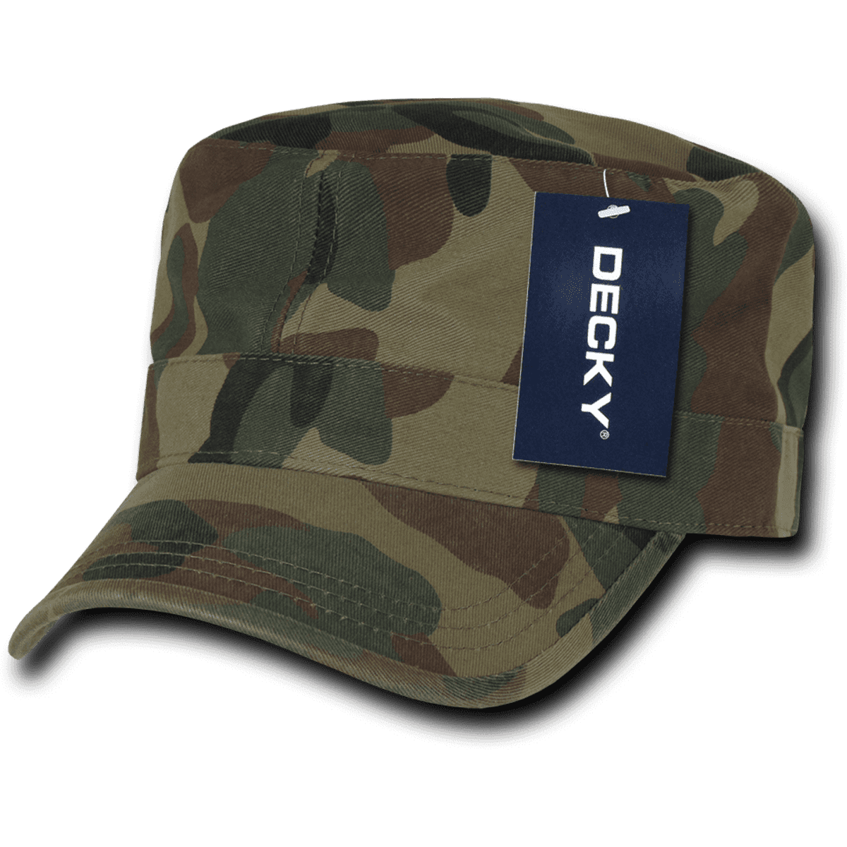A camo-patterned cap in green and brown, featuring a tag with a logo.