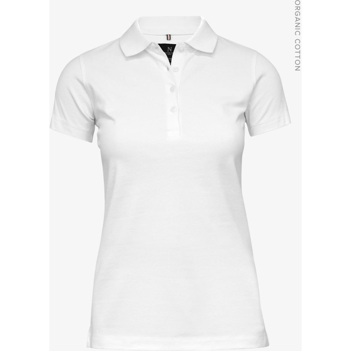 A white women's polo shirt made from organic cotton, featuring a classic collar and buttons, with a logo on the label.