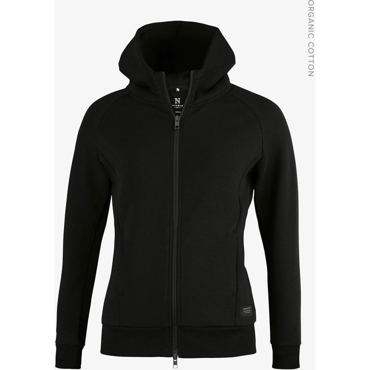 A black zip-up hoodie with a hood, featuring a fitted silhouette and a logo on the front.