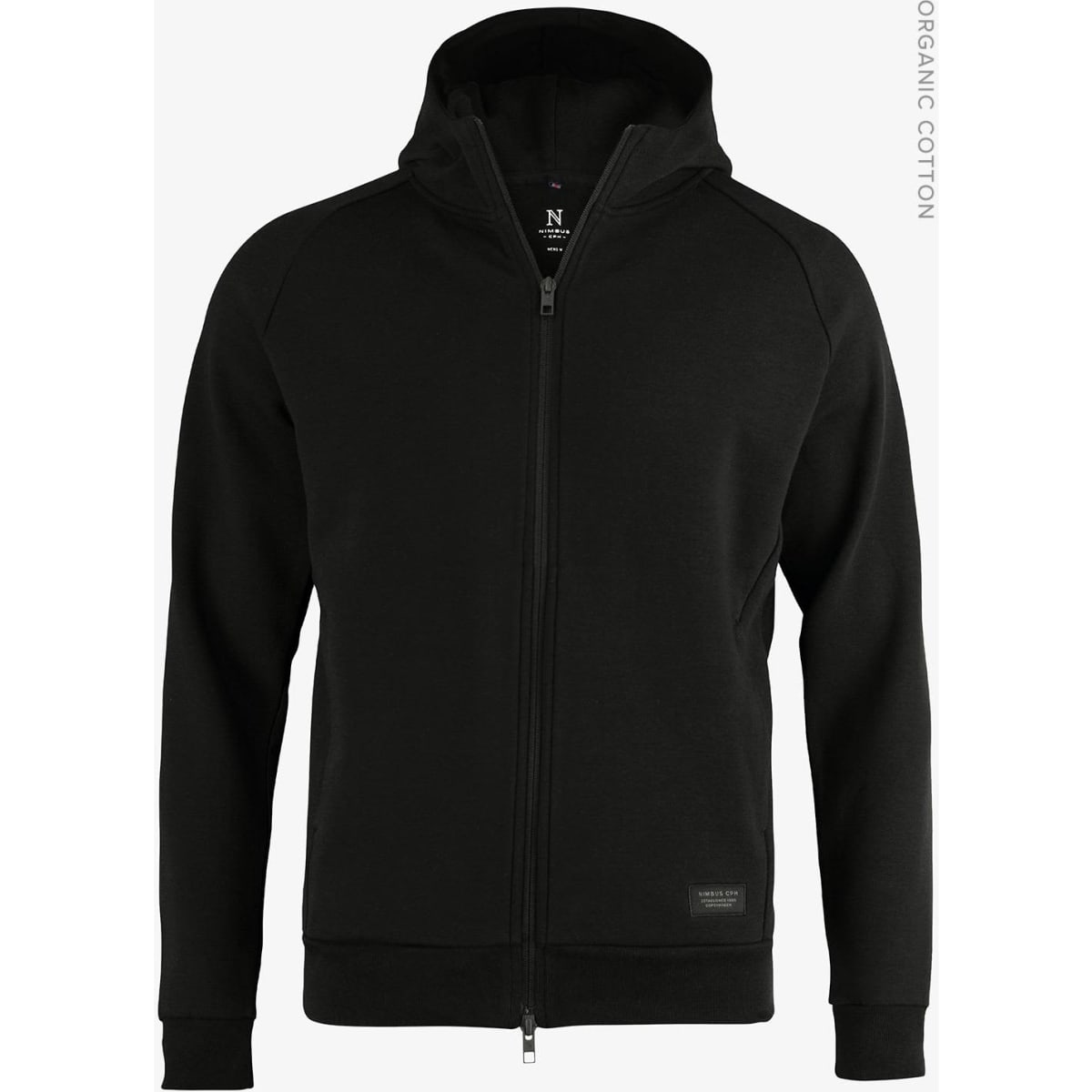 A black zip-up hoodie featuring a hood and a logo on the front. Made from organic cotton.