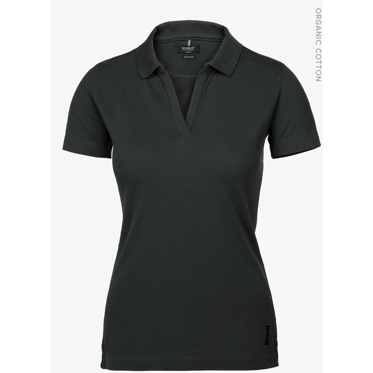 A black women's polo shirt with a V-neck design, featuring a logo and made of organic cotton.