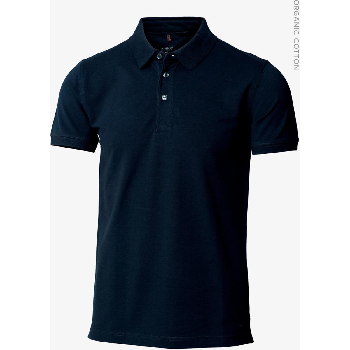 A navy polo shirt made from organic cotton, featuring a collar and three-button placket. It has a logo on the chest.