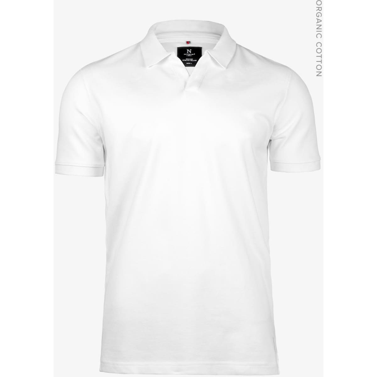 A white polo shirt with a classic V-neck design, made from organic cotton and featuring a logo.